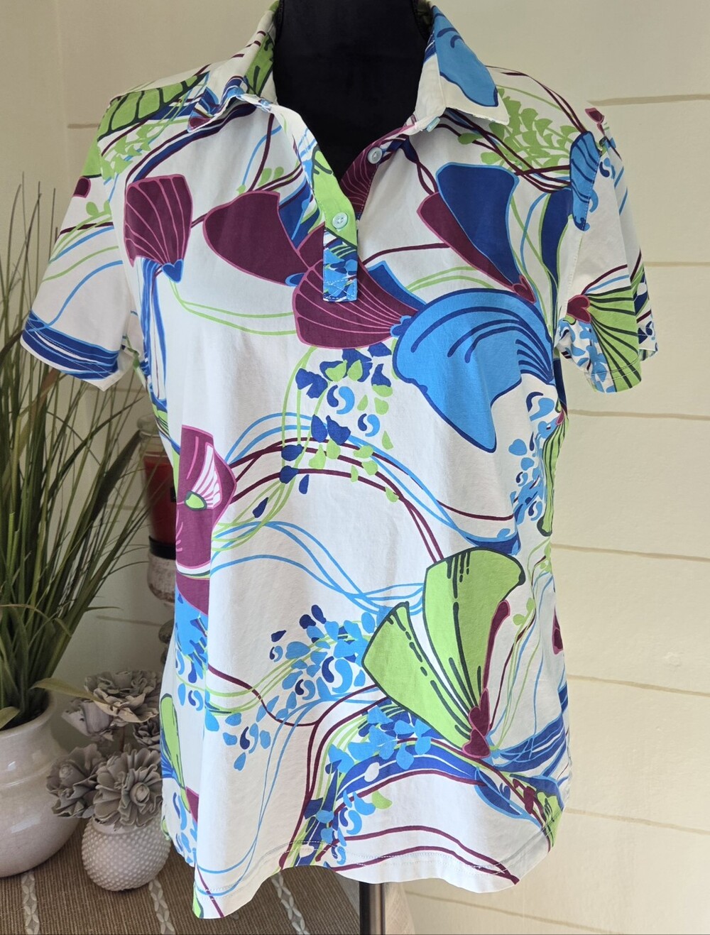 Tory Richard Women's White Multi-color Golf Polo Cotton Short Sleeve Resort Wear